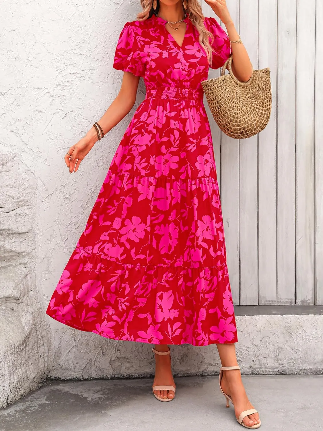 MASCOMODA Summer Maxi Dresses for Women 2025 Casual V Neck Puff Short Sleeve Smocked Flowy Beach Boho Long Floral Dress