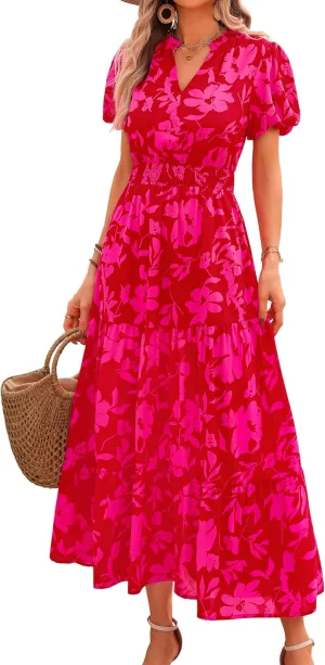 MASCOMODA Summer Maxi Dresses for Women 2025 Casual V Neck Puff Short Sleeve Smocked Flowy Beach Boho Long Floral Dress