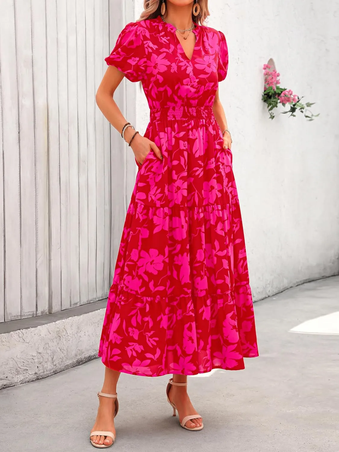 MASCOMODA Summer Maxi Dresses for Women 2025 Casual V Neck Puff Short Sleeve Smocked Flowy Beach Boho Long Floral Dress