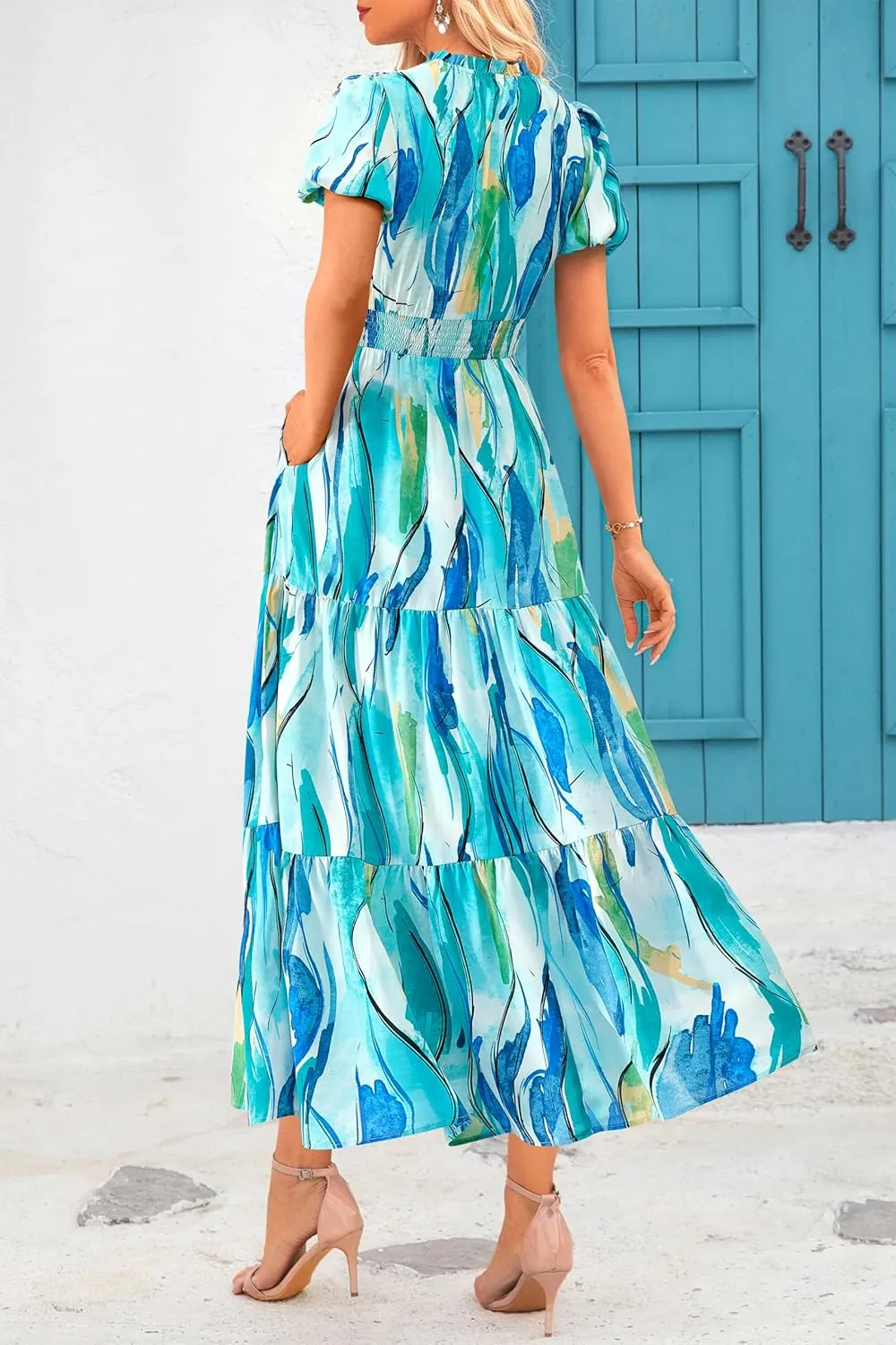 MASCOMODA Summer Maxi Dresses for Women 2025 Casual V Neck Puff Short Sleeve Smocked Flowy Beach Boho Long Floral Dress