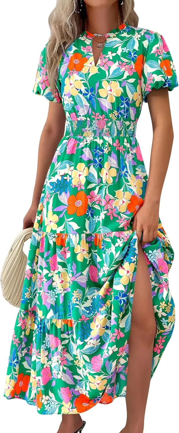 MASCOMODA Summer Maxi Dresses for Women 2025 Casual V Neck Puff Short Sleeve Smocked Flowy Beach Boho Long Floral Dress