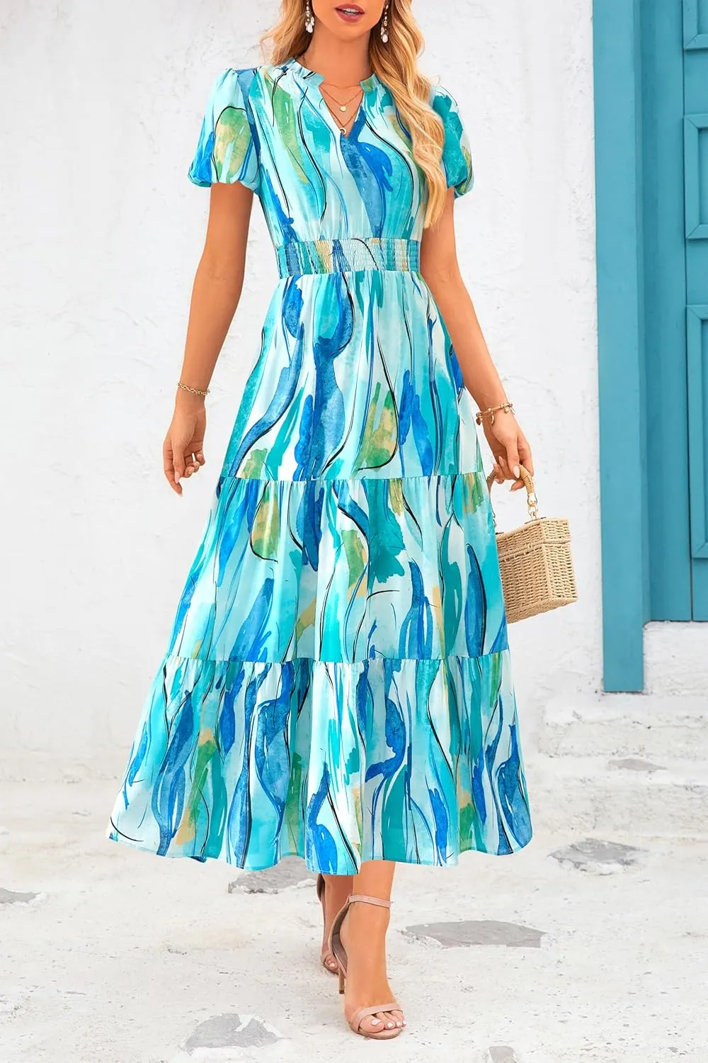 MASCOMODA Summer Maxi Dresses for Women 2025 Casual V Neck Puff Short Sleeve Smocked Flowy Beach Boho Long Floral Dress