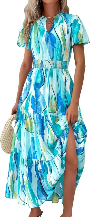 MASCOMODA Summer Maxi Dresses for Women 2025 Casual V Neck Puff Short Sleeve Smocked Flowy Beach Boho Long Floral Dress