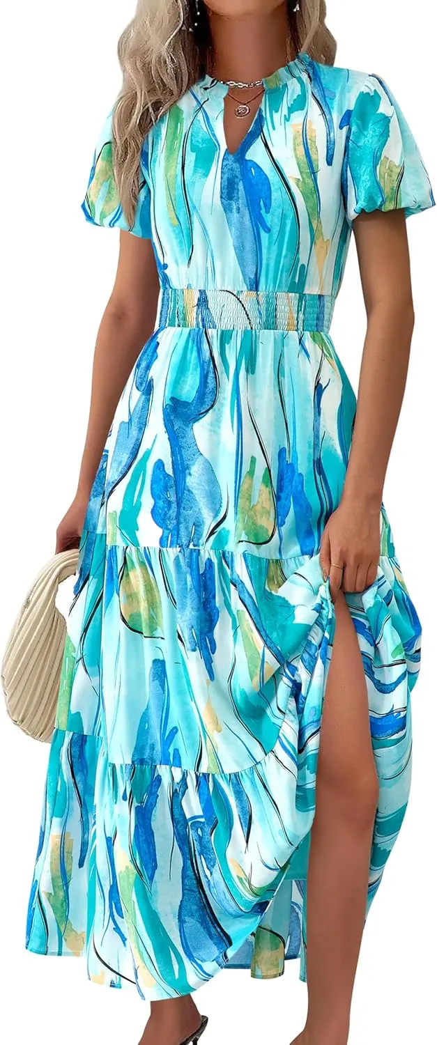 MASCOMODA Summer Maxi Dresses for Women 2025 Casual V Neck Puff Short Sleeve Smocked Flowy Beach Boho Long Floral Dress