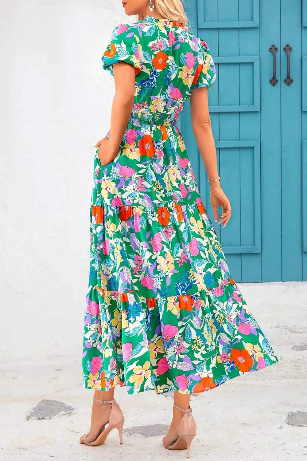 MASCOMODA Summer Maxi Dresses for Women 2025 Casual V Neck Puff Short Sleeve Smocked Flowy Beach Boho Long Floral Dress