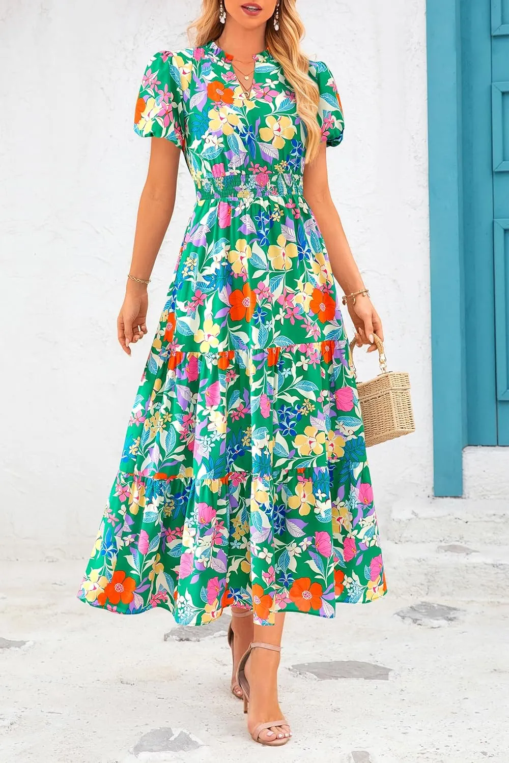 MASCOMODA Summer Maxi Dresses for Women 2025 Casual V Neck Puff Short Sleeve Smocked Flowy Beach Boho Long Floral Dress