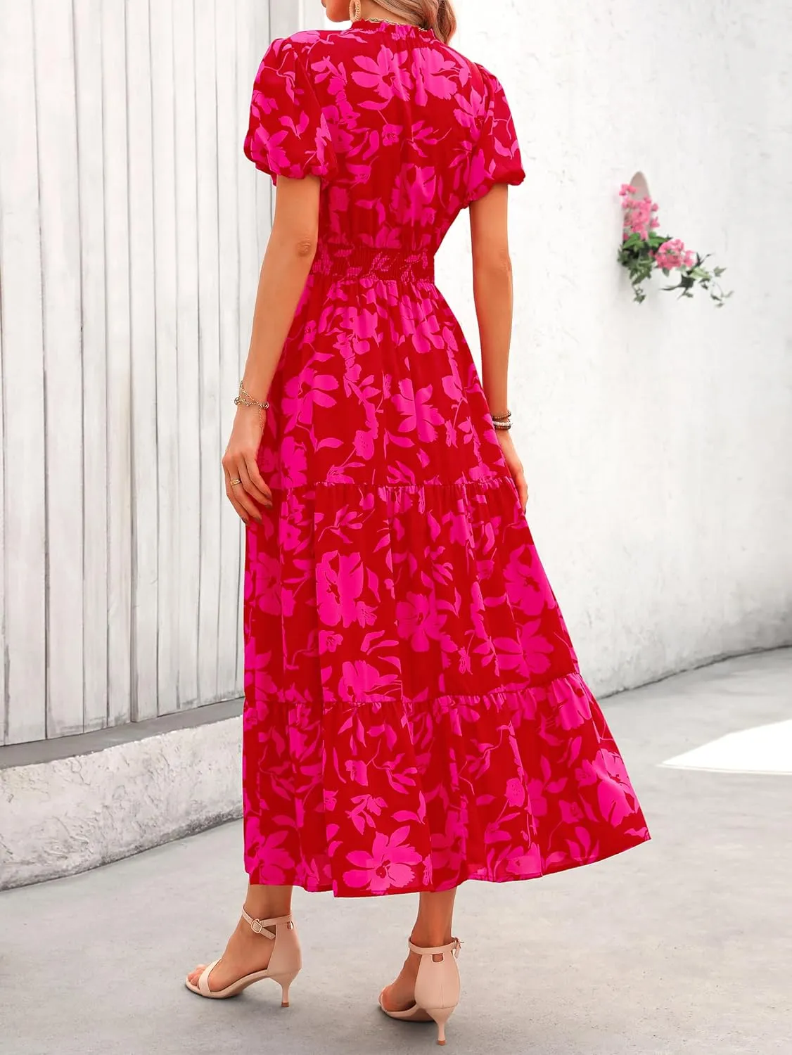 MASCOMODA Summer Maxi Dresses for Women 2025 Casual V Neck Puff Short Sleeve Smocked Flowy Beach Boho Long Floral Dress