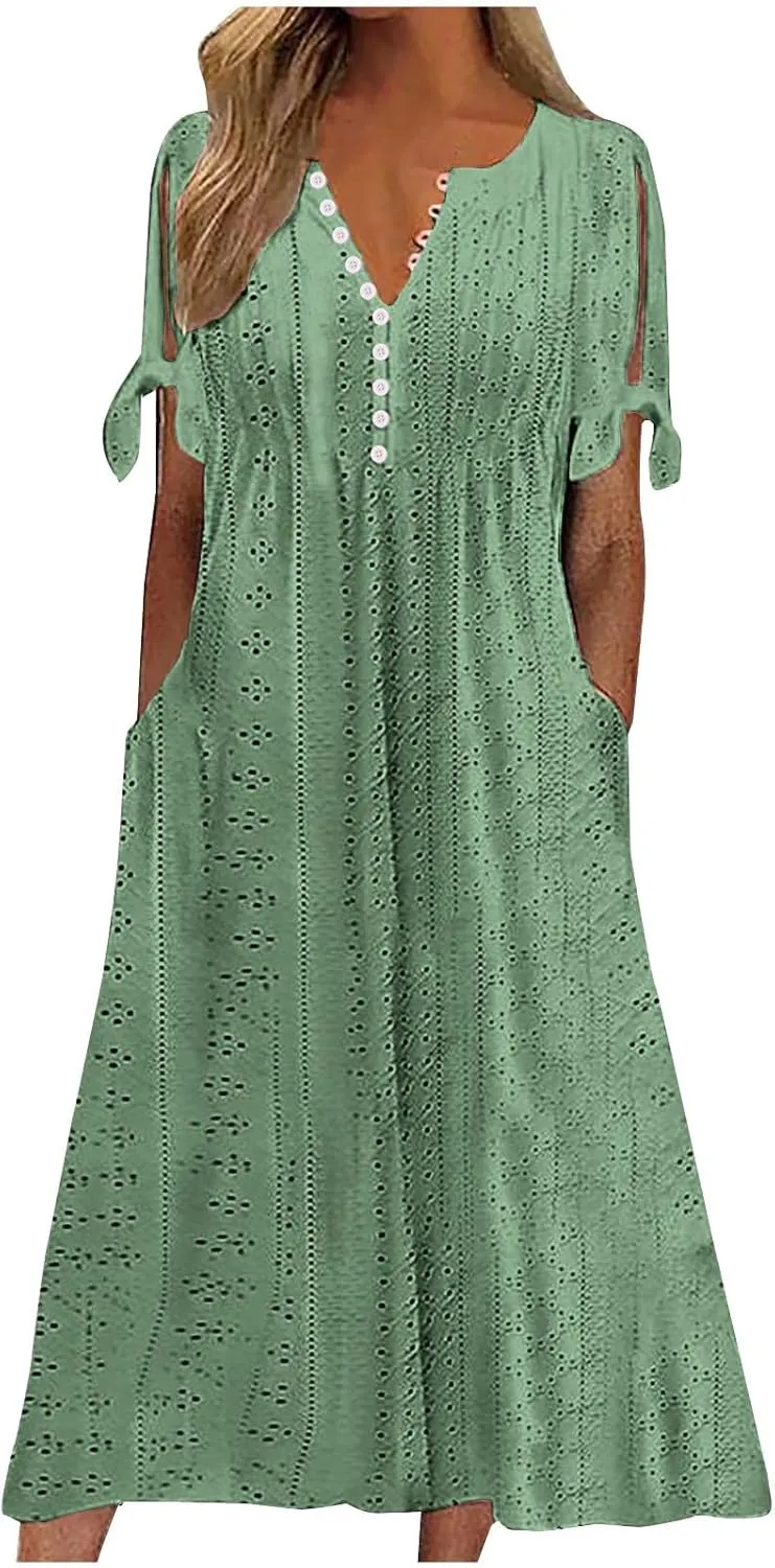 Maxi Long Dresses for Women 2025 Summer Womens Eyelet Dress Short Sleeve Tshirt Dress Casual Vacation Sundress