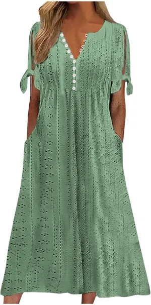 Maxi Long Dresses for Women 2025 Summer Womens Eyelet Dress Short Sleeve Tshirt Dress Casual Vacation Sundress