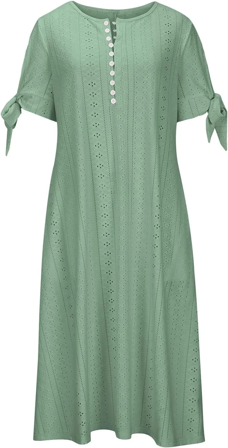 Maxi Long Dresses for Women 2025 Summer Womens Eyelet Dress Short Sleeve Tshirt Dress Casual Vacation Sundress