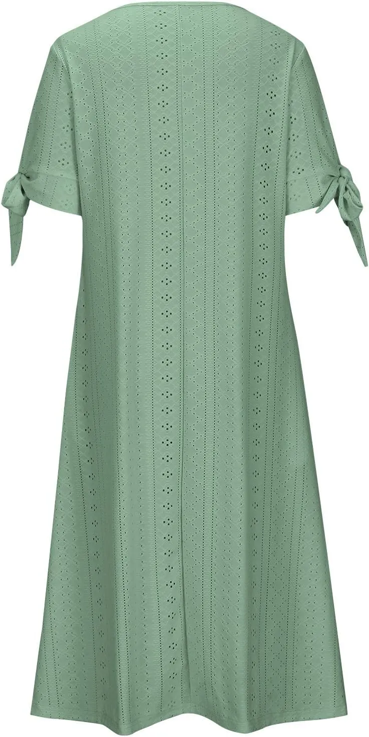 Maxi Long Dresses for Women 2025 Summer Womens Eyelet Dress Short Sleeve Tshirt Dress Casual Vacation Sundress
