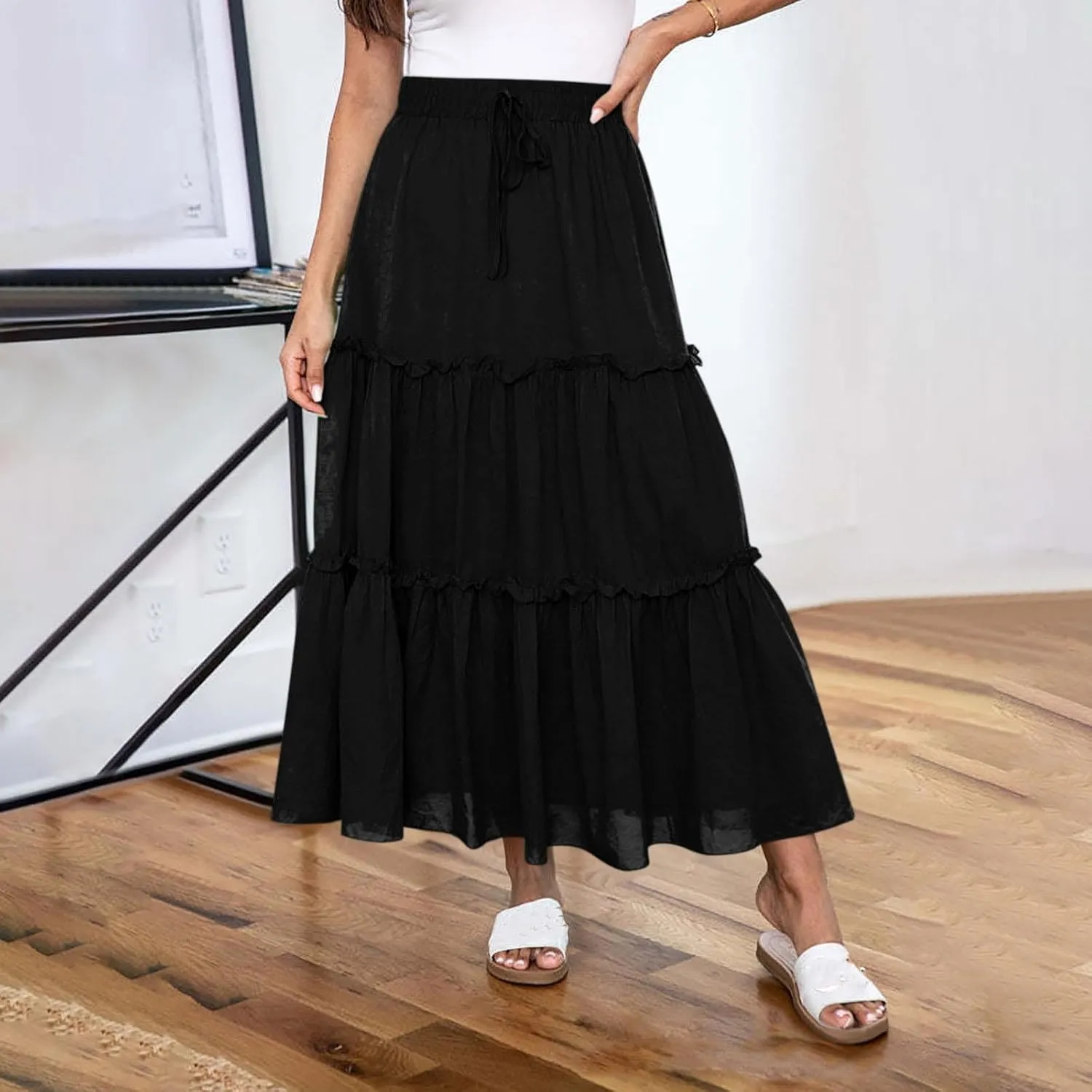 Maxi Skirt for Women Summer Trendy Dressy Drawstring Elastic High Waisted Layered A-Line Flowy Long Tiered Skirts