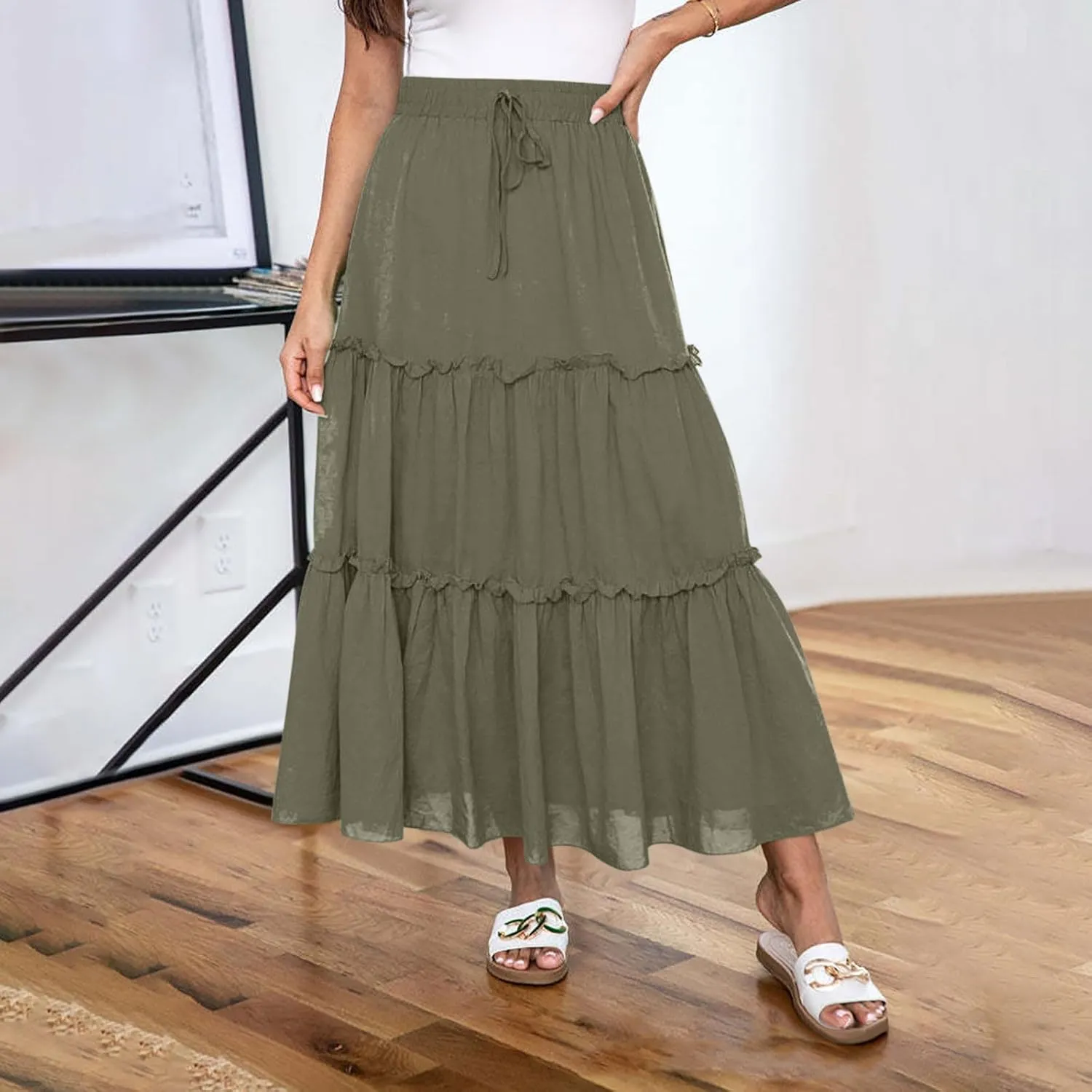 Maxi Skirt for Women Summer Trendy Dressy Drawstring Elastic High Waisted Layered A-Line Flowy Long Tiered Skirts