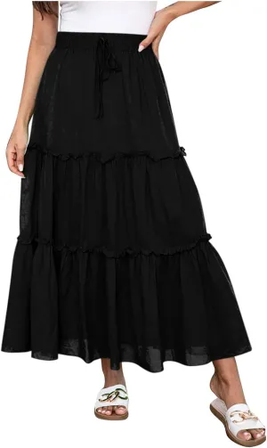 Maxi Skirt for Women Summer Trendy Dressy Drawstring Elastic High Waisted Layered A-Line Flowy Long Tiered Skirts