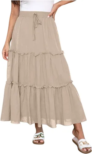 Maxi Skirt for Women Summer Trendy Dressy Drawstring Elastic High Waisted Layered A-Line Flowy Long Tiered Skirts