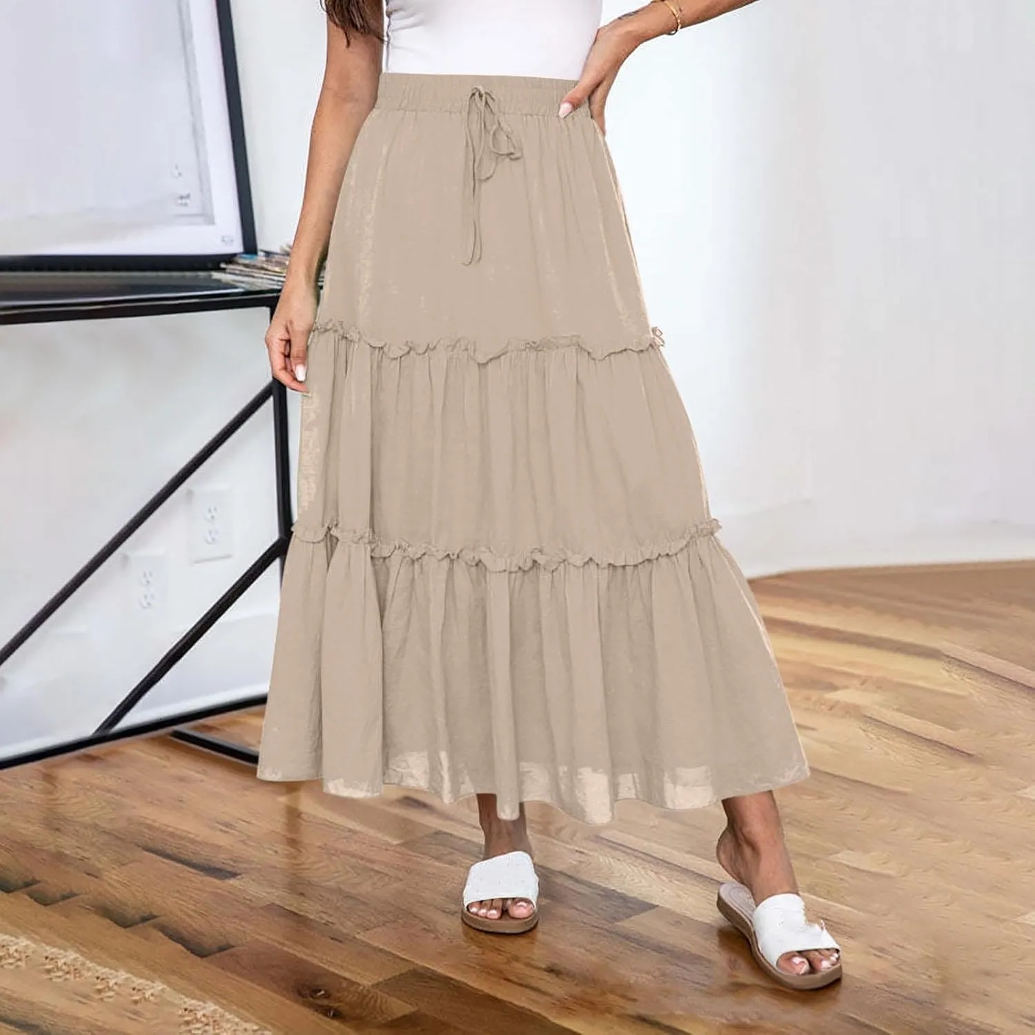 Maxi Skirt for Women Summer Trendy Dressy Drawstring Elastic High Waisted Layered A-Line Flowy Long Tiered Skirts