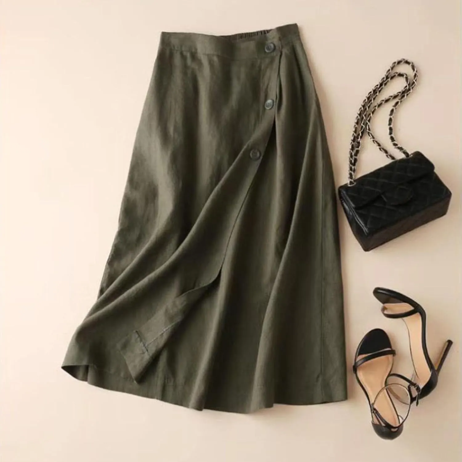 Maxi Skirts for Women Summer Loose Casual Trendy Button Solid Color Flowy Vacation Linen Skirt, M-2XL