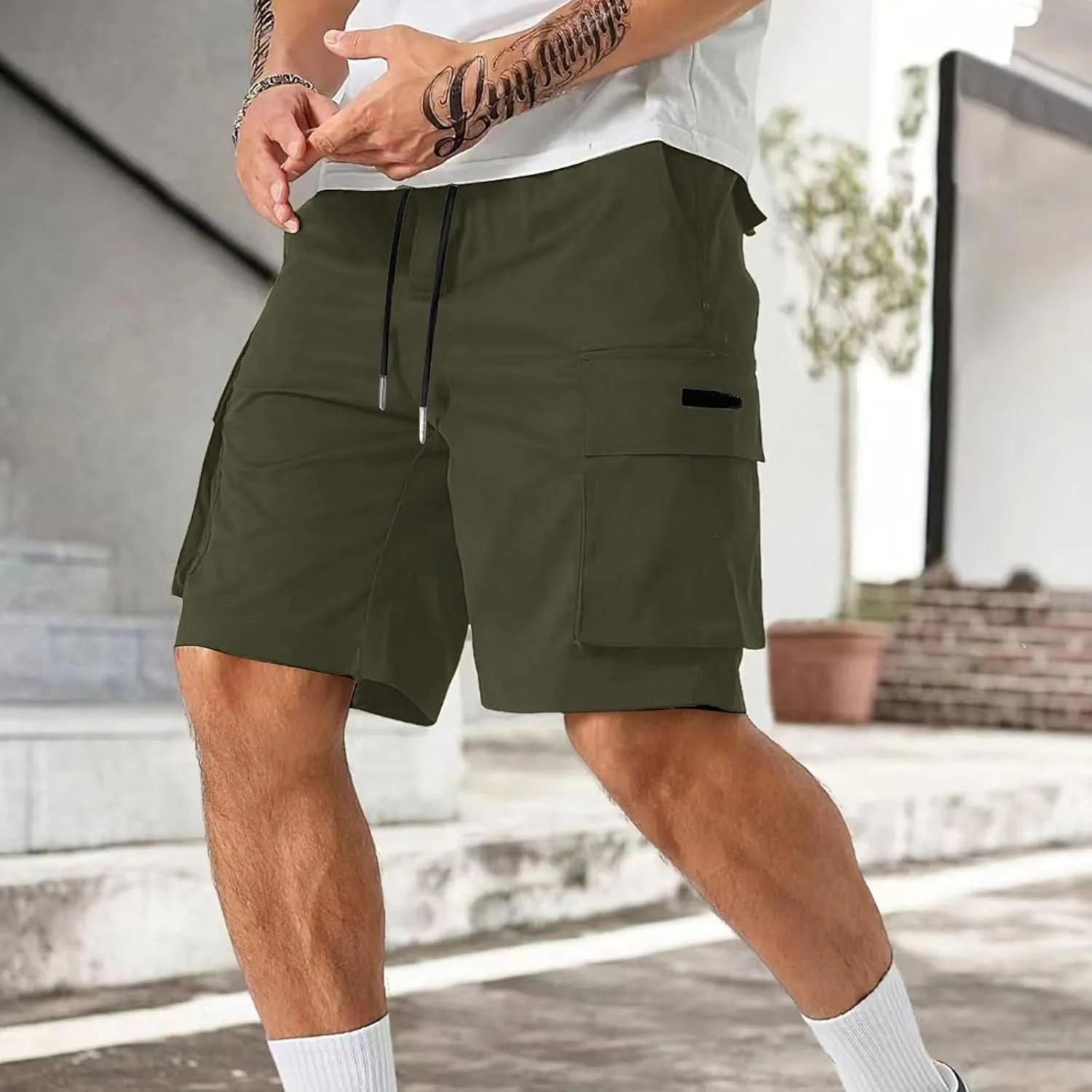 Men Cargo Shorts Relaxed Fit Stretch Straight Leg Athletic Shorts Drawstring Casual Elastic Waist Beach Hiking Camping Pants