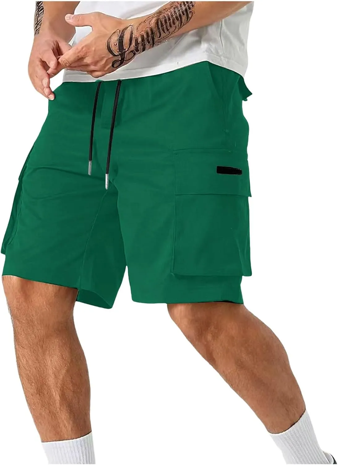 Men Cargo Shorts Relaxed Fit Stretch Straight Leg Athletic Shorts Drawstring Casual Elastic Waist Beach Hiking Camping Pants