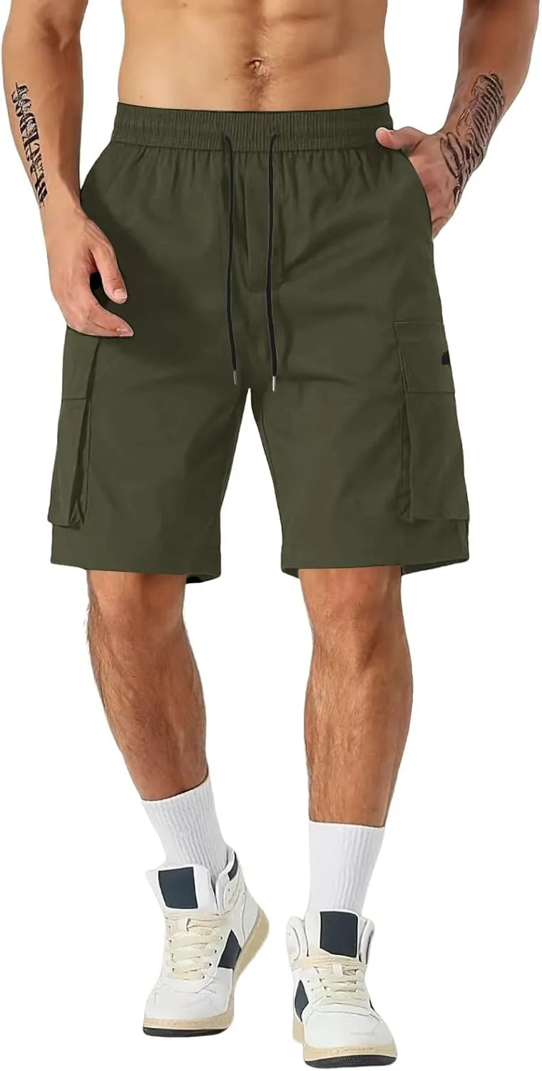 Men Cargo Shorts Relaxed Fit Stretch Straight Leg Athletic Shorts Drawstring Casual Elastic Waist Beach Hiking Camping Pants