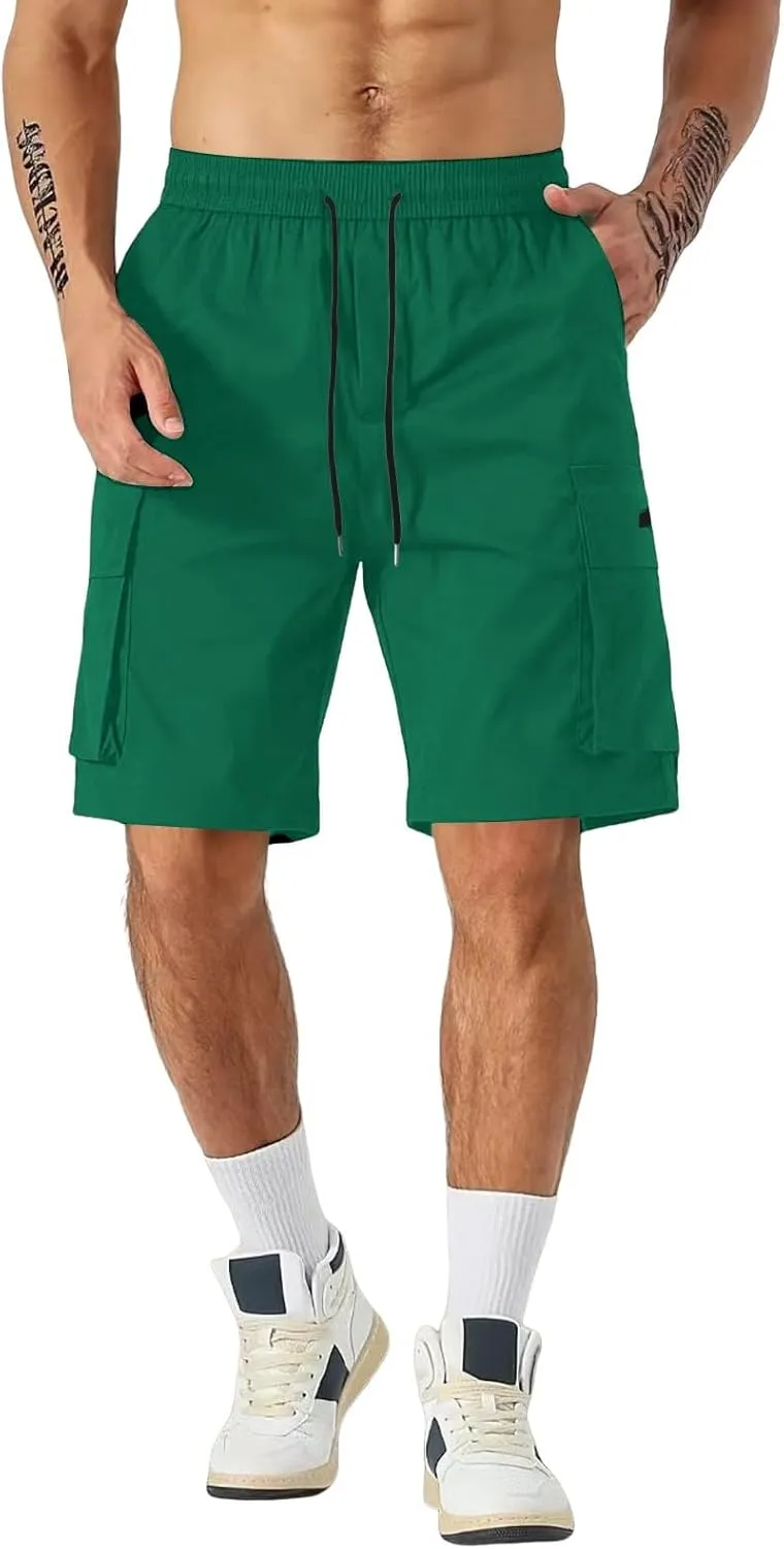 Men Cargo Shorts Relaxed Fit Stretch Straight Leg Athletic Shorts Drawstring Casual Elastic Waist Beach Hiking Camping Pants