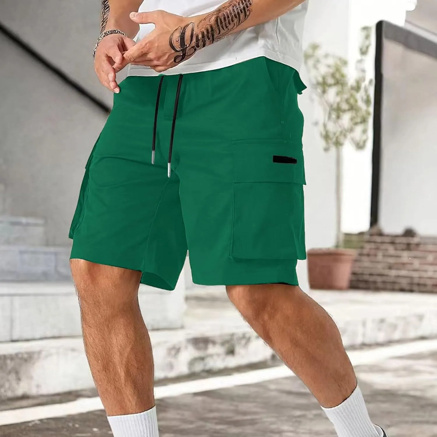 Men Cargo Shorts Relaxed Fit Stretch Straight Leg Athletic Shorts Drawstring Casual Elastic Waist Beach Hiking Camping Pants