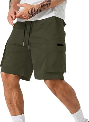 Men Cargo Shorts Relaxed Fit Stretch Straight Leg Athletic Shorts Drawstring Casual Elastic Waist Beach Hiking Camping Pants