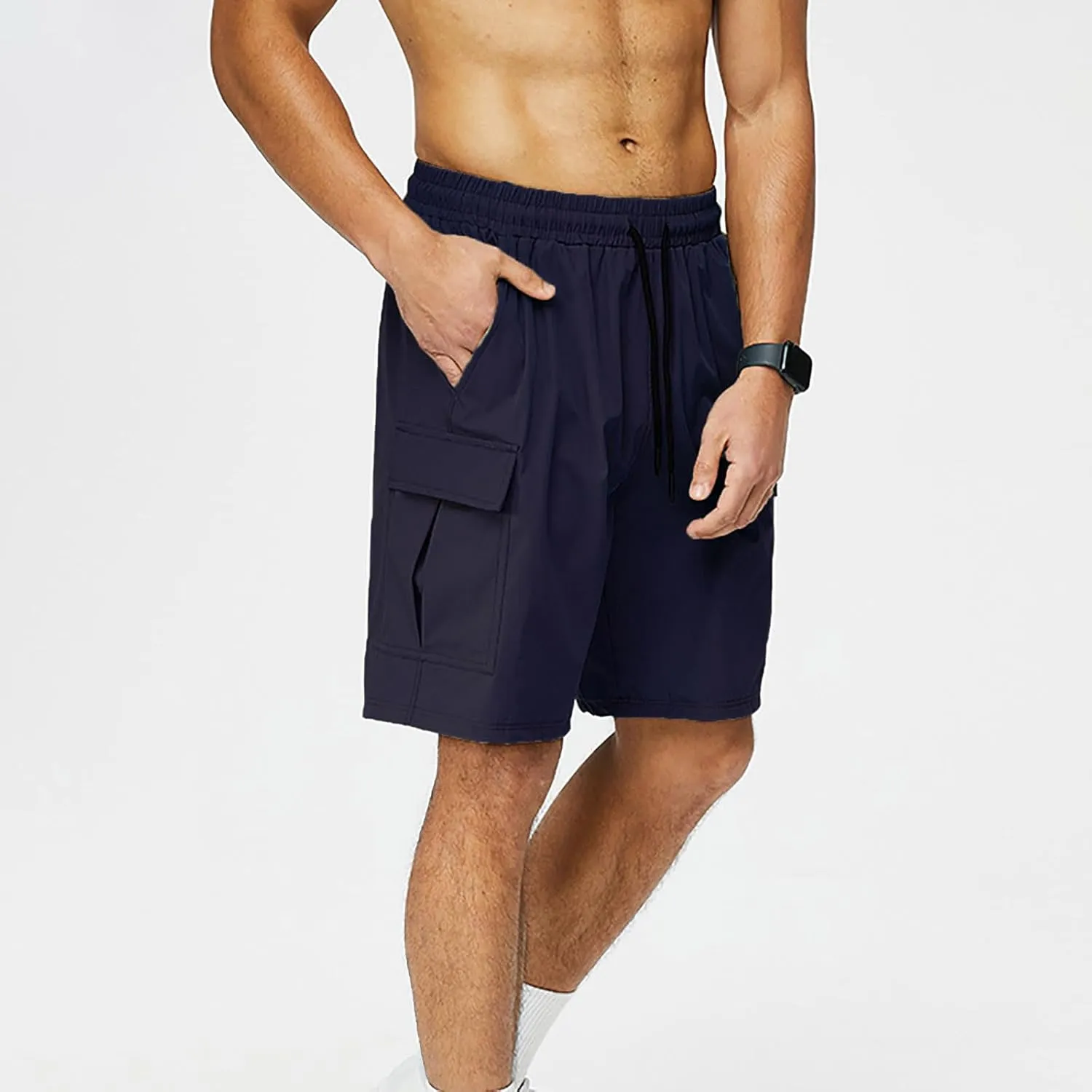 Men Cargo Shorts Relaxed Fit Stretch Straight Leg Athletic Shorts Drawstring Casual Elastic Waist Beach Hiking Camping Pants