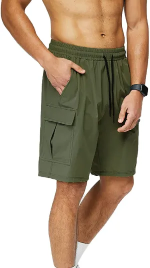 Men Cargo Shorts Relaxed Fit Stretch Straight Leg Athletic Shorts Drawstring Casual Elastic Waist Beach Hiking Camping Pants
