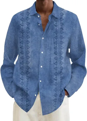 Men Cuba Guayabera Shirt Long Sleeve Button Lapel Casual Shirt Loose Comfy Beach Vacation Style Fashion Top Plus Size