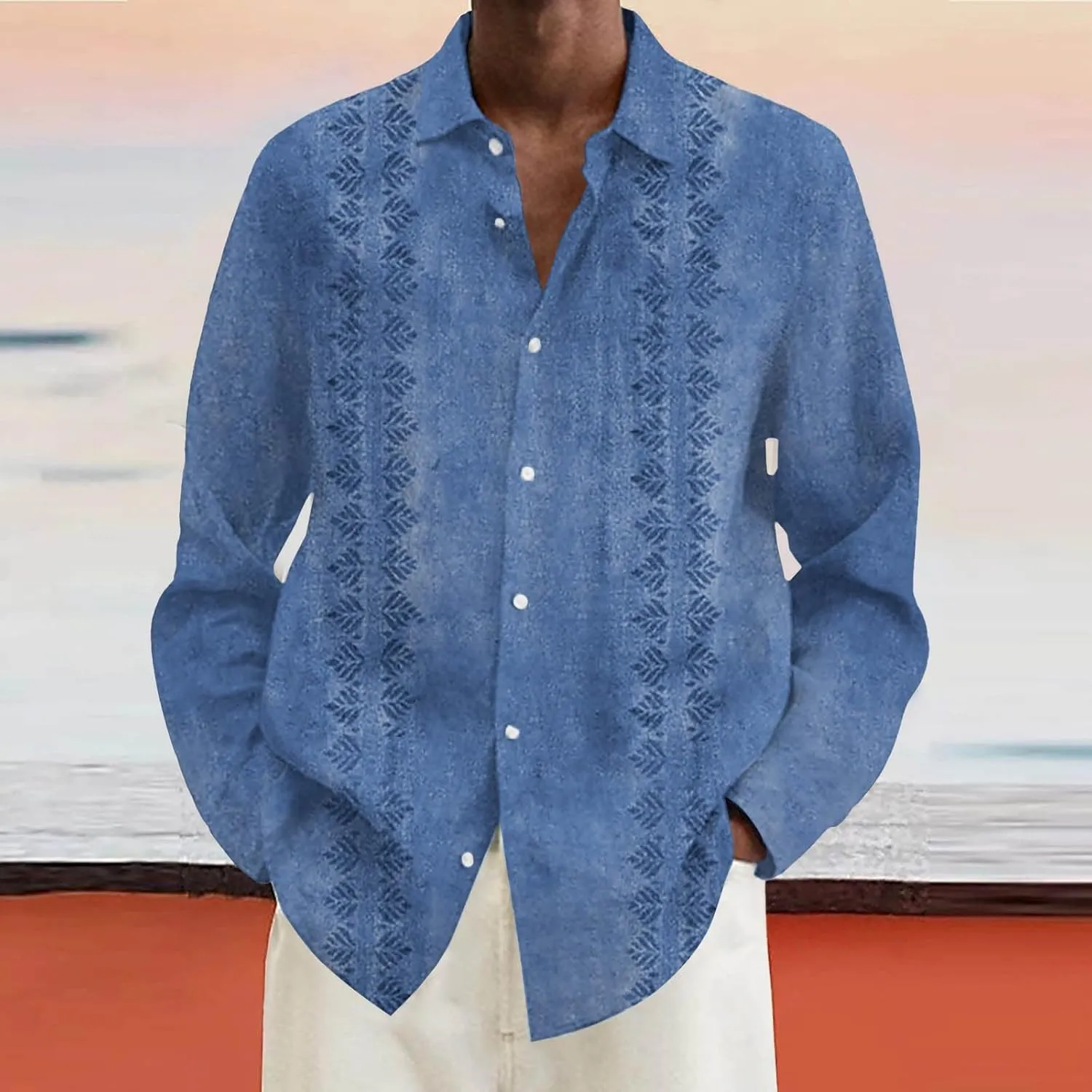 Men Cuba Guayabera Shirt Long Sleeve Button Lapel Casual Shirt Loose Comfy Beach Vacation Style Fashion Top Plus Size