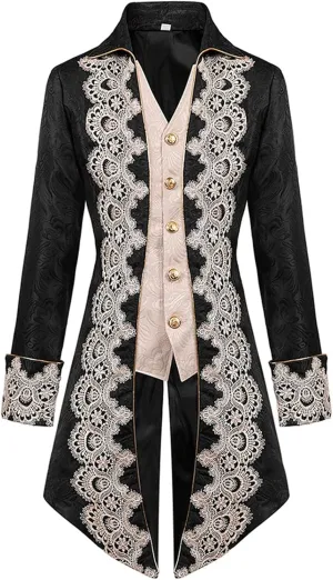Men Embroidery Steampunk Tailcoat Jackets Turn Down Collar Button Jacket Gothic Victorian Frock Coat Halloween Costume