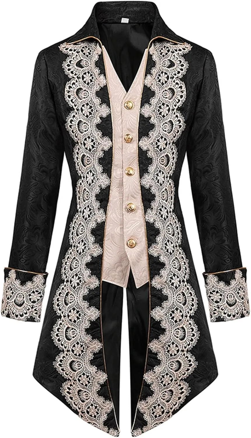 Men Embroidery Steampunk Tailcoat Jackets Turn Down Collar Button Jacket Gothic Victorian Frock Coat Halloween Costume