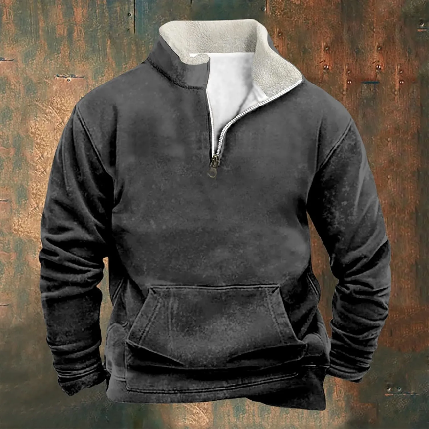 Men Fleece Lined Sweatshirt Plus Size 1/4 Zip Warm Sherpa Winter Thick Sweater Loose Color Block Long Sleeve Pullover