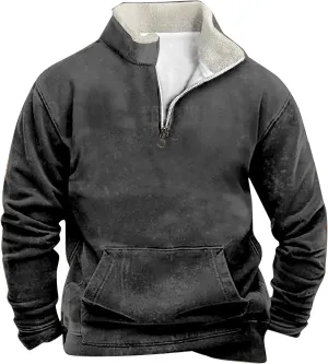 Men Fleece Lined Sweatshirt Plus Size 1/4 Zip Warm Sherpa Winter Thick Sweater Loose Color Block Long Sleeve Pullover