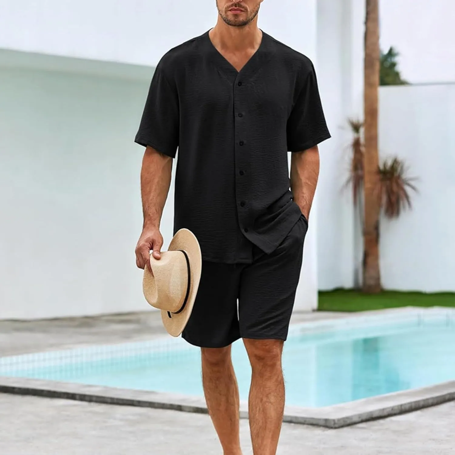 Men Short Sets Outfits 2 Pc Summer Casual Beach Vacation Short Sleeve Fashion Set Button Down Loose Fit Stylish T-Shirts