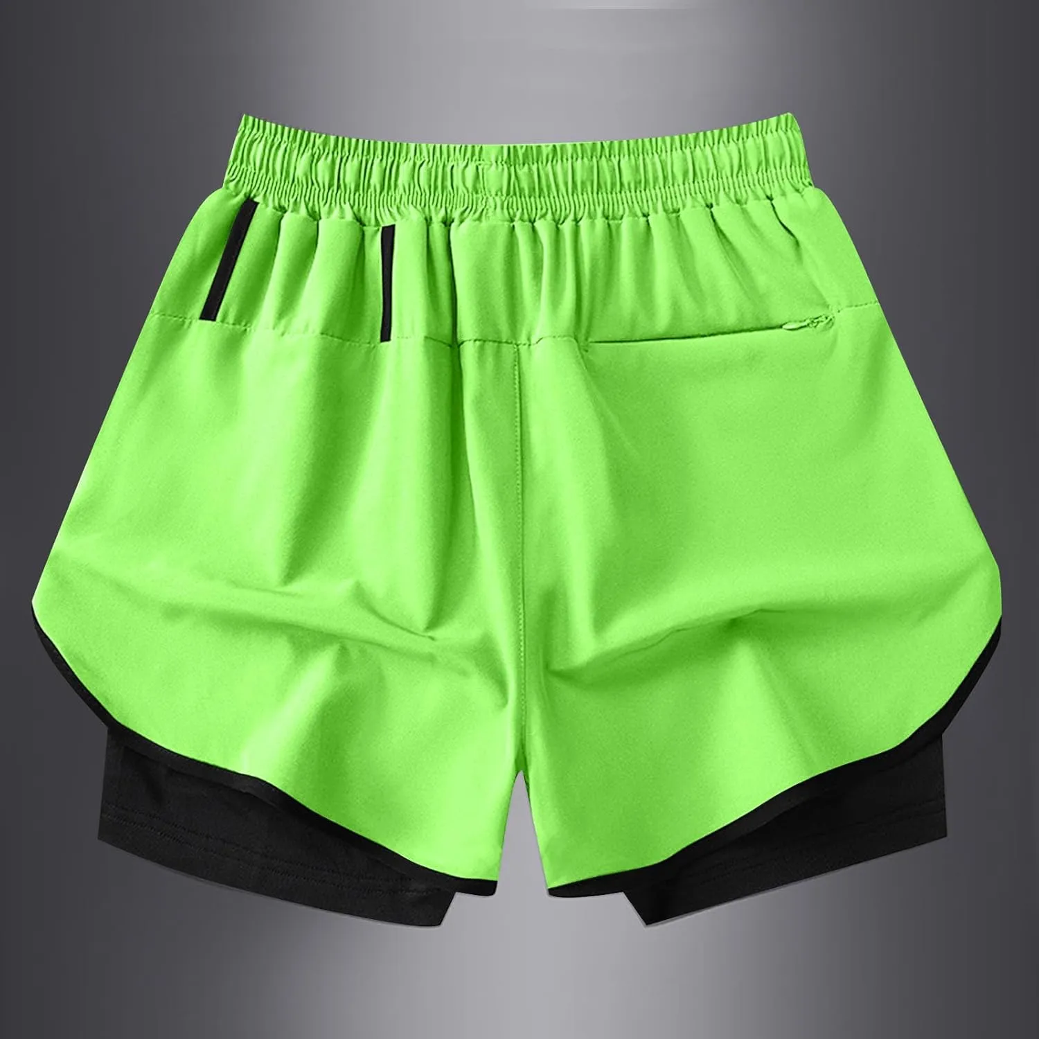 Men Workout Shorts 2 in 1 Running Short Summer Drawstring Elastic Athletic Pants with Liner and Zip Pockets