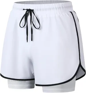 Men Workout Shorts 2 in 1 Running Short Summer Drawstring Elastic Athletic Pants with Liner and Zip Pockets