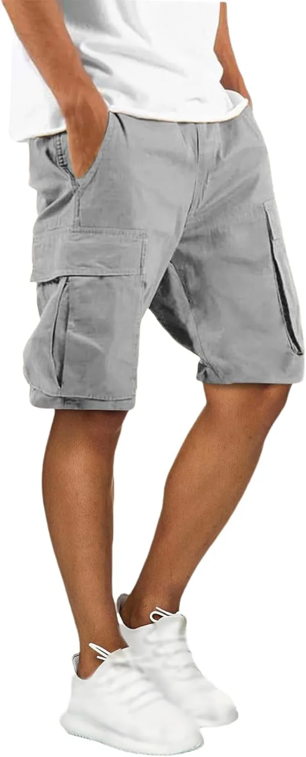 Men's Cargo Shorts Elastic Waist Tactical Shorts Solid Stretchy Jogging Pants Lightweight Straight Pants with Pockets