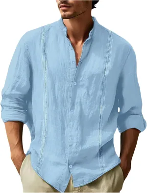 Men's Cuban Guayabera Shirts Button Down Casual Long Sleeve Shirt Band Collar Linen Beach Stylish Shirts 2025 Summer