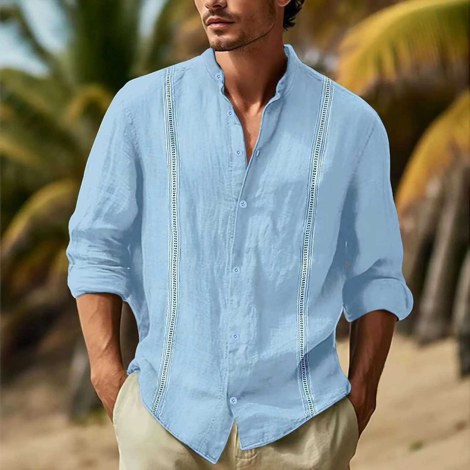 Men's Cuban Guayabera Shirts Button Down Casual Long Sleeve Shirt Band Collar Linen Beach Stylish Shirts 2025 Summer