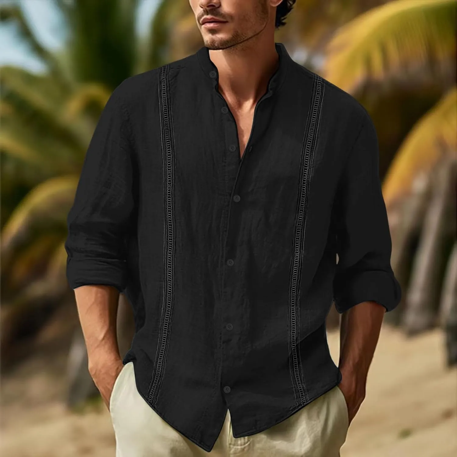 Men's Cuban Guayabera Shirts Button Down Casual Long Sleeve Shirt Band Collar Linen Beach Stylish Shirts 2025 Summer