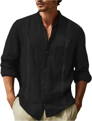 Men's Cuban Guayabera Shirts Button Down Casual Long Sleeve Shirt Band Collar Linen Beach Stylish Shirts 2025 Summer