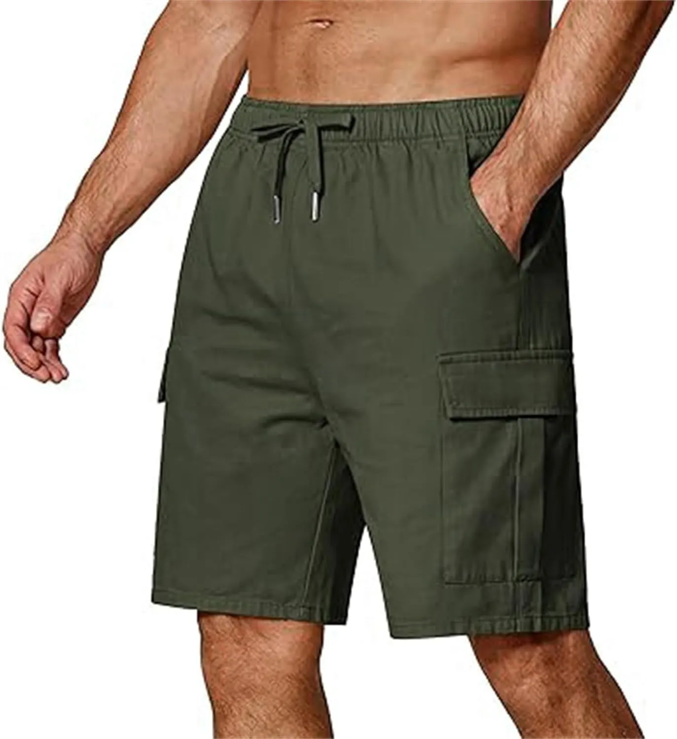 Mens Elastic Waist Cargo Shorts Relaxed Fit Cotton Multi Pocket Lightweight Quick Dry for Running Hiking Gym