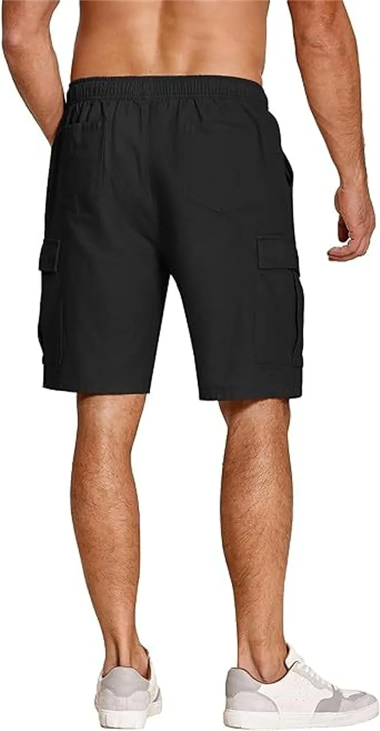 Mens Elastic Waist Cargo Shorts Relaxed Fit Cotton Multi Pocket Lightweight Quick Dry for Running Hiking Gym
