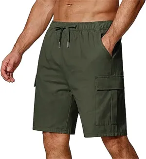 Mens Elastic Waist Cargo Shorts Relaxed Fit Cotton Multi Pocket Lightweight Quick Dry for Running Hiking Gym