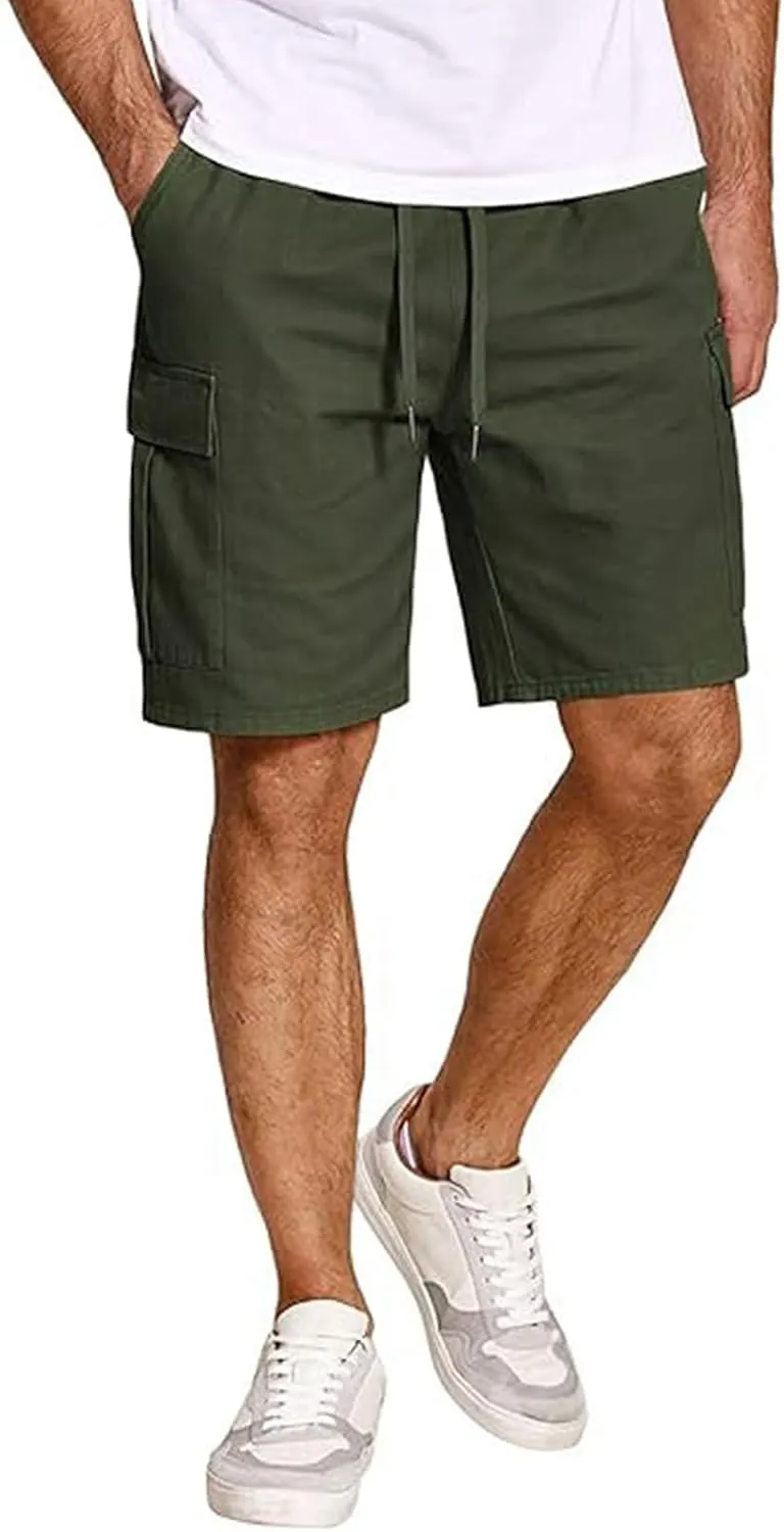 Mens Elastic Waist Cargo Shorts Relaxed Fit Cotton Multi Pocket Lightweight Quick Dry for Running Hiking Gym