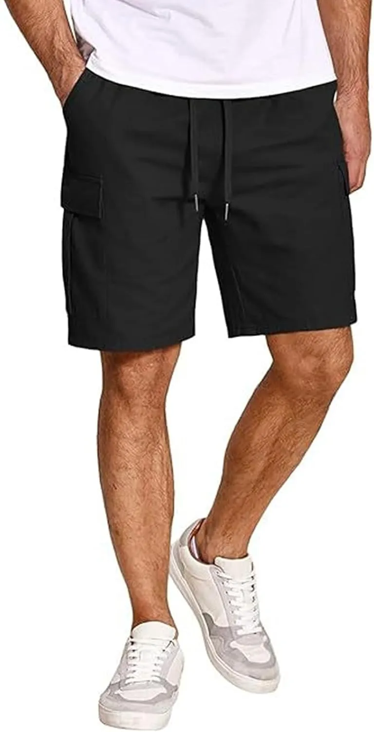 Mens Elastic Waist Cargo Shorts Relaxed Fit Cotton Multi Pocket Lightweight Quick Dry for Running Hiking Gym