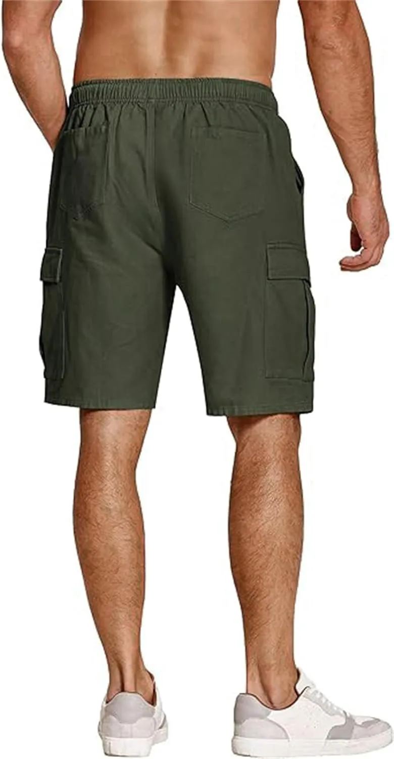 Mens Elastic Waist Cargo Shorts Relaxed Fit Cotton Multi Pocket Lightweight Quick Dry for Running Hiking Gym
