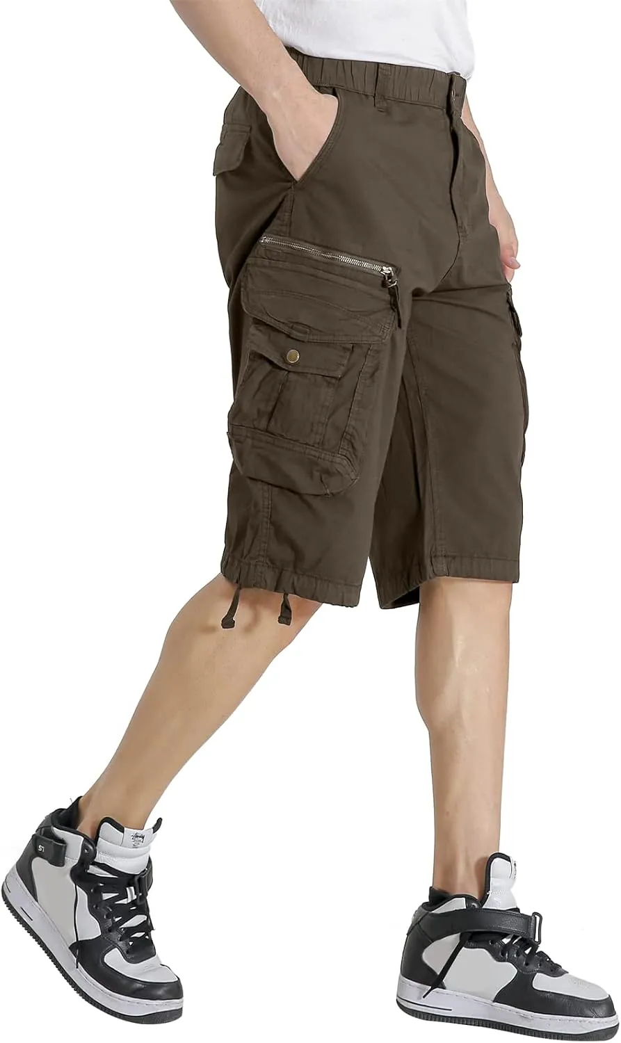 Mens Elastic Waist Cargo Shorts Zipper Pocket Relaxed fit Stretch Lightweight Cotton Camo Cargo Shorts for Men